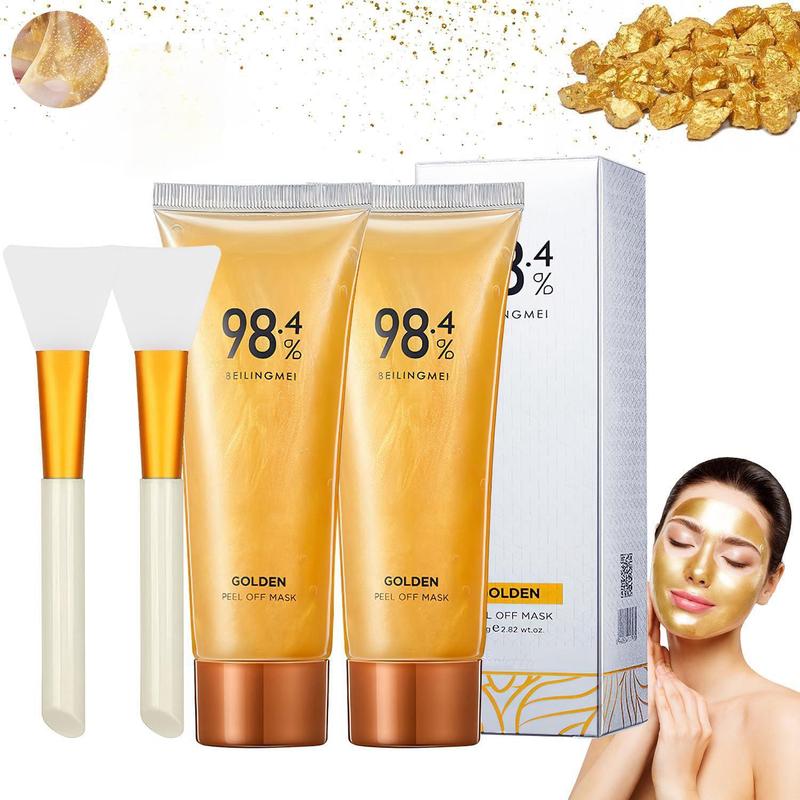 Gold Foil Skincare Peel-off Mask & Brush Kit, 2 Counts set Deep Cleansing Moisturizing Face Mask with 2 Counts set Applicator Brush, Face Care Product for Women & Men, Summer Gift