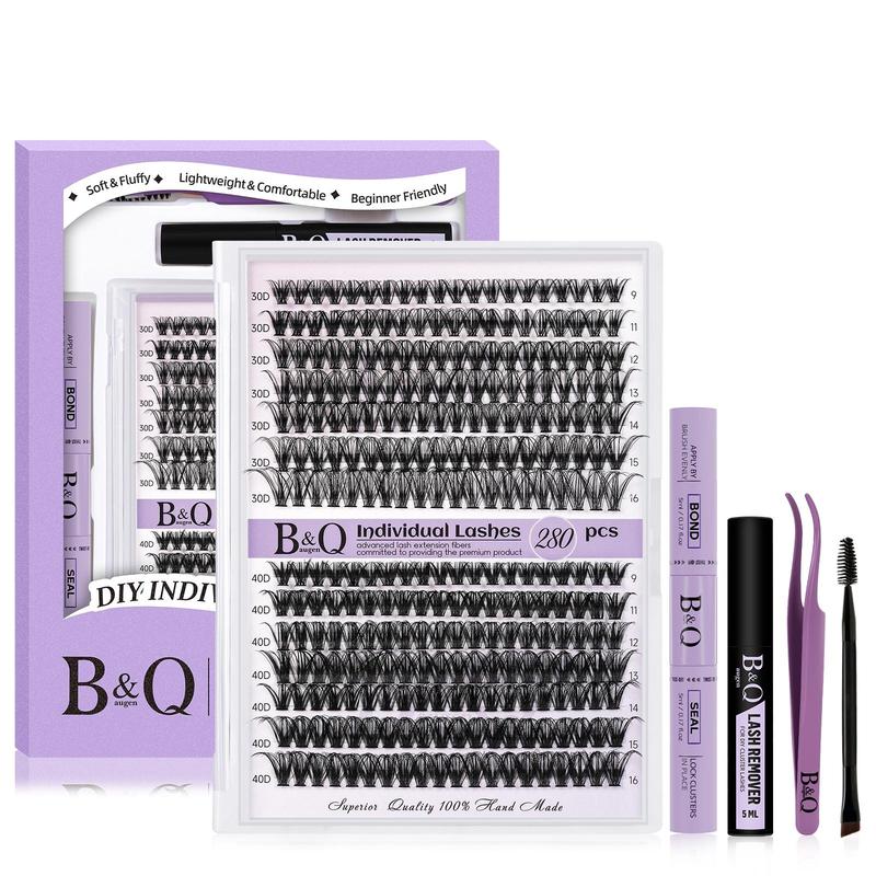 B&Qaugen DIY Lash Extension Kit, 280pcs Christmas Individual Lashes Cluster D Curl 9-16mm Eyelash Extension Kit, Waterproof Eyelash Clusters with Lash Bond and Seal, Glue Remover and Lash Tweezer for Girl Makeup, Lash Clusters Kit, Lashes Extension Kit