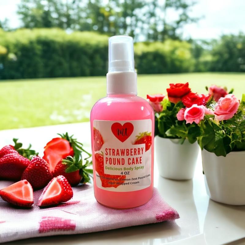 Strawberry Pound Cake Body Spray, perfume spray, fresh strawberry, whipped cream, warm pound cake, lemon zest, women’s perfume spray, cruelty free, vegan friendly, Body Care Fragrance Scented Aroma Scent