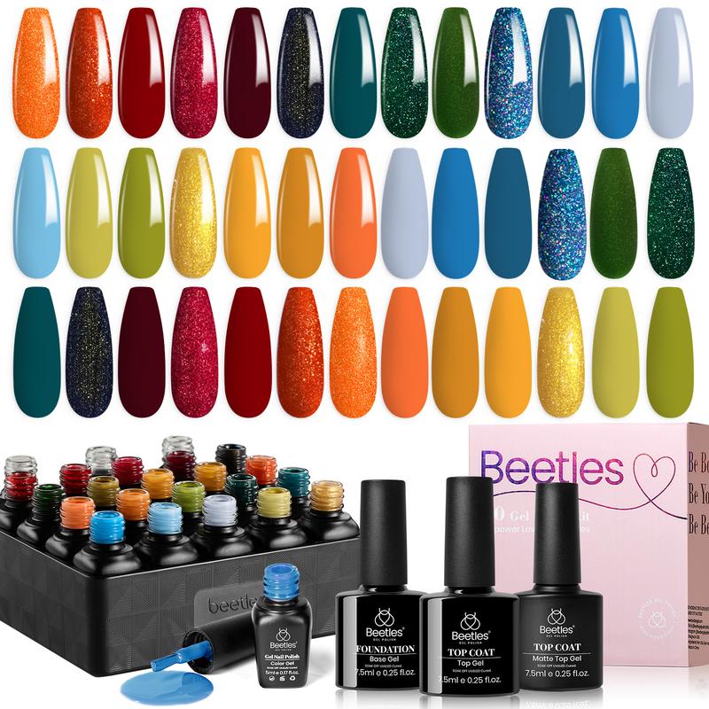 Beetles Gel Polish 23Pcs Gel Colors Red Green Blue Orange Fall Autumn Gel Nail Polish Set with Base Gel Top Coat Soak off UV Golden Glitter Glossy Nail Kit Gifts for Women Girls