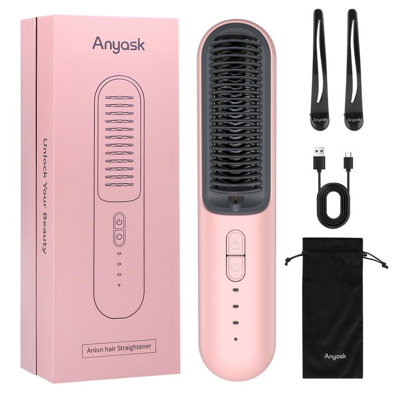 Anyask Cordless Hair Straightener Brush With Negative ions, 2+Get Free Ship, Travel Hair Straightening, Anti-Scald Design, BlackFriday Christmas Gifts