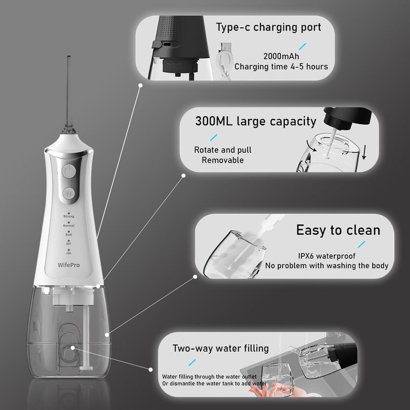 Wifepro Cordless Select (L11) Oral Irrigator Water Flosser 300ML Water Tank 4 Cleaning Modes 5 Replaceable Jet Tips and Storage Bag Mothers Day Gifts Daily Nozzle Cleansing pulling oil