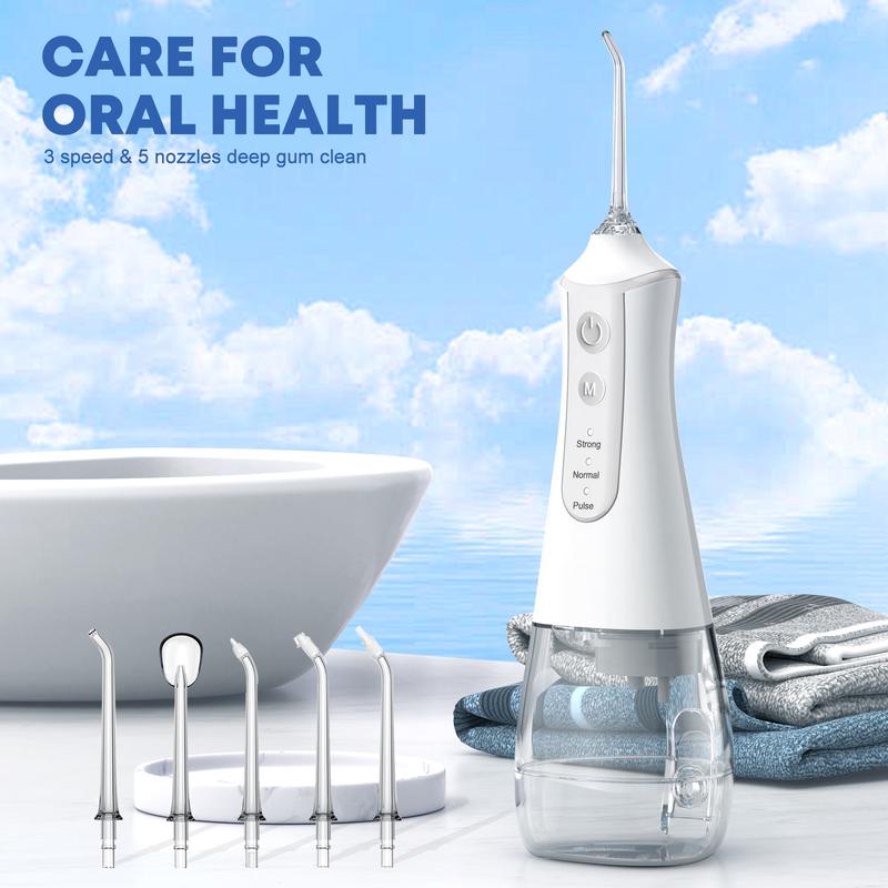 Oral Irrigator Portable Cordless Water Flosser Rechargable Teeth Cleaning Machine with 5 Replacable Nozzles Flossing Kit for Family Oral Health & Travel