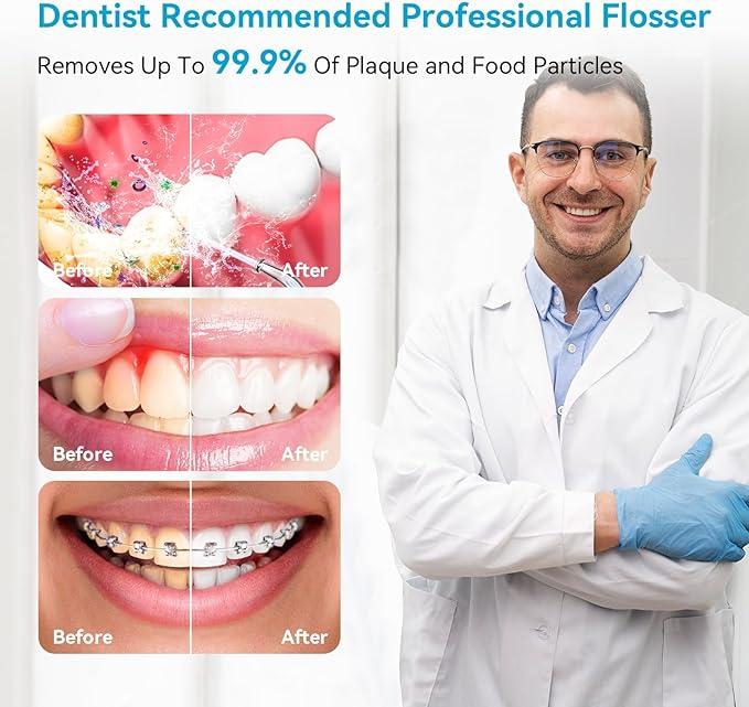 Water Dental Flosser for Teeth, Cordless Oral Irrigator Waterflosser, Rechargeable Water Teeth Cleaner Pick,Home & Travel Collapsible Water Flossers for Teeth & Braces Care