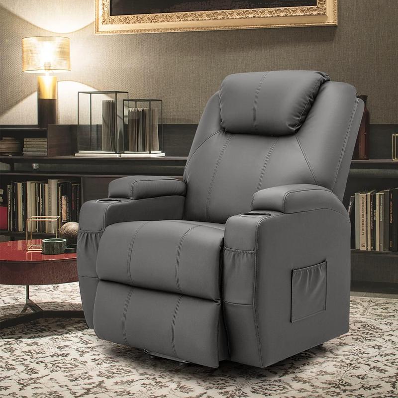 Homall Power Lift Recliner Chair with Massage and Heat for Elderly, Faux Leather Adjustable Reclining Sofa for Living Room with Remote Control, Cup Holders Daily Storage