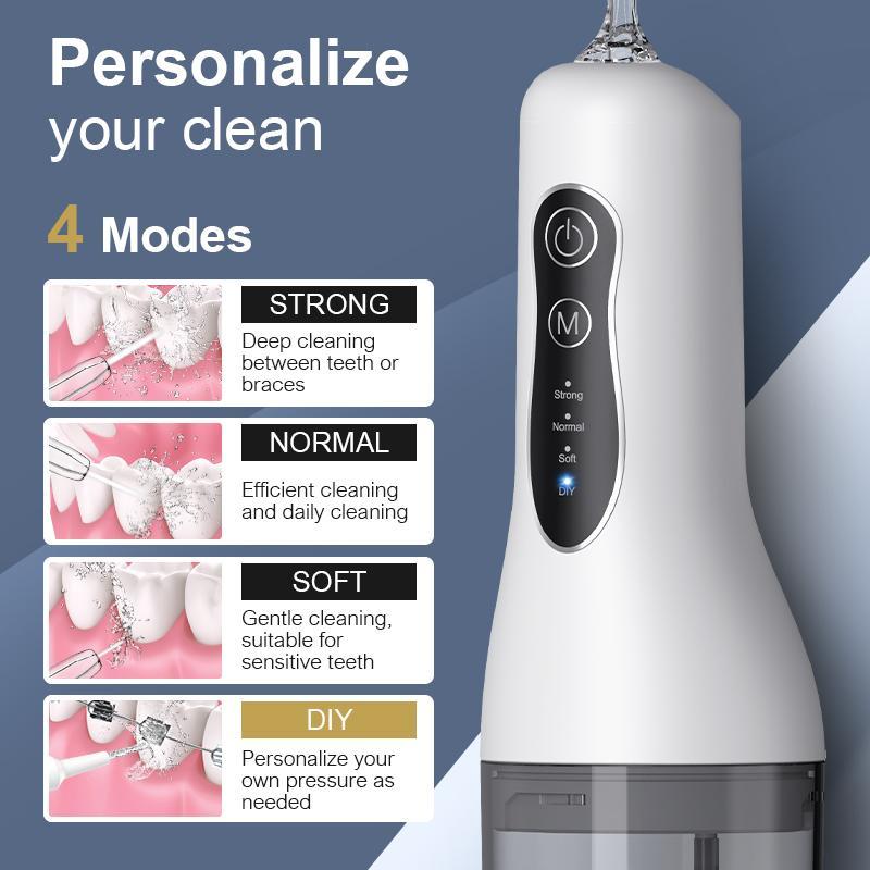 Cordless Water Dental Flosser, 1 Box Portable Rechargeable Oral Irrigator with 260ml Tank & 4 Replaceable Heads, Teeth Cleaner for Home & Travel