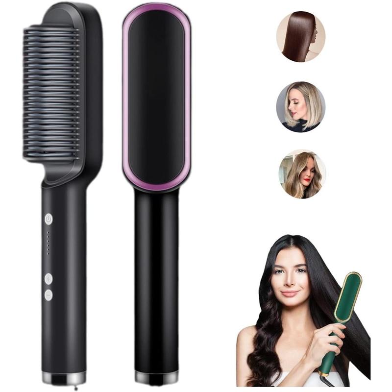 2024 New Negative Ion Hair Straightener with 5 Temp, 2 in 1 Brush and Curler, Portable Electric Straightening Heated Styling Comb 10s Fast Heating Anti-Scald (Black)