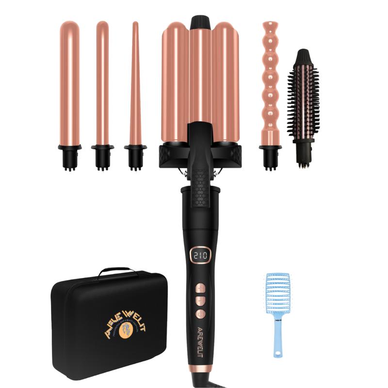 RWeLit 6 in 1 Multistyler Curling Iron Set w  Tangle-free 3D Floating Based Curling Brush for Curling Straightening Hair Styling Tools - Tourmaline Ceramic Ionic Multi-Styler Waves Curling Wand - Curler Straightener Volumizer 3 Barrel Waver