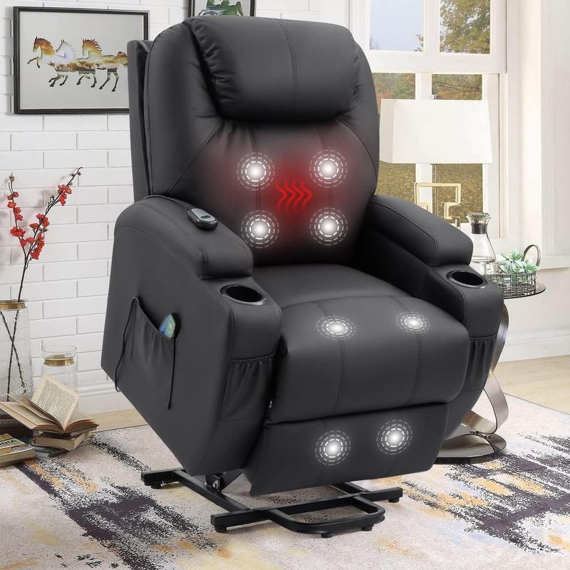 Homall Power Lift Recliner Chair with Massage and Heat for Elderly, Faux Leather Adjustable Reclining Sofa for Living Room with Remote Control, Cup Holders Daily Storage