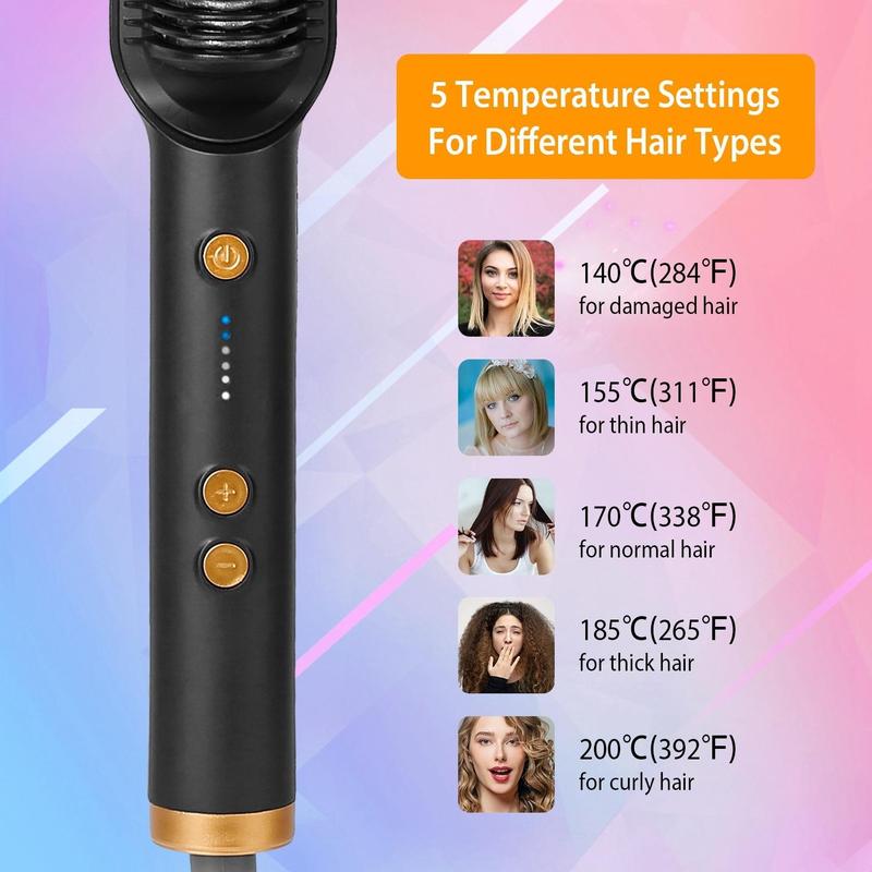 2024 New Negative Ion Hair Straightener with 5 Temp, 2 in 1 Brush and Curler, Portable Electric Straightening Heated Styling Comb 10s Fast Heating Anti-Scald (Black)