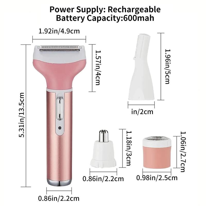 4 in 1 Electric Razor for Women, Summer Hair Trimmer Set, 4 in 1 Women's Shaver for Public Hair Wet & Dry Cordless Hair Remover for Eyebrow, Nose, Face, Legs, Underarms Portable Bikini Trimmer Rechargeable for Lady Hair Shaving