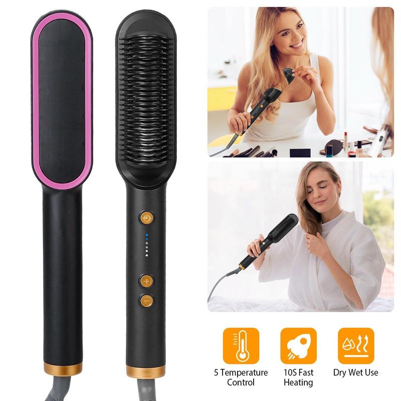 2024 New Negative Ion Hair Straightener with 5 Temp, 2 in 1 Brush and Curler, Portable Electric Straightening Heated Styling Comb 10s Fast Heating Anti-Scald (Black)