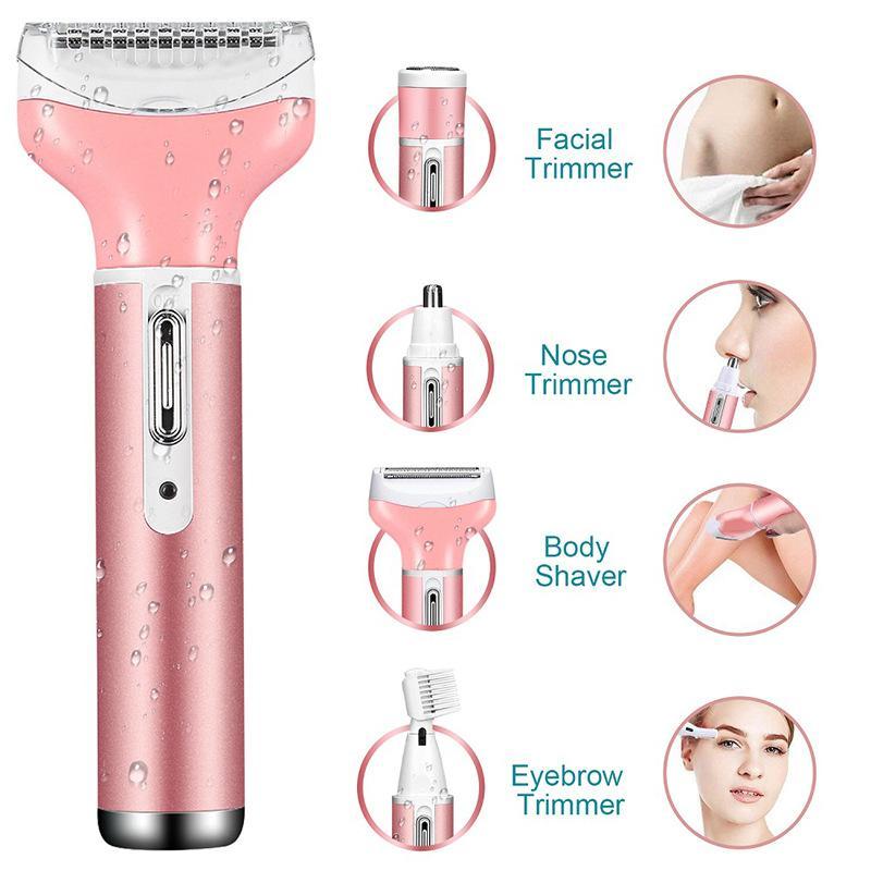 4 in 1 Electric Razor for Women, Summer Hair Trimmer Set, 4 in 1 Women's Shaver for Public Hair Wet & Dry Cordless Hair Remover for Eyebrow, Nose, Face, Legs, Underarms Portable Bikini Trimmer Rechargeable for Lady Hair Shaving