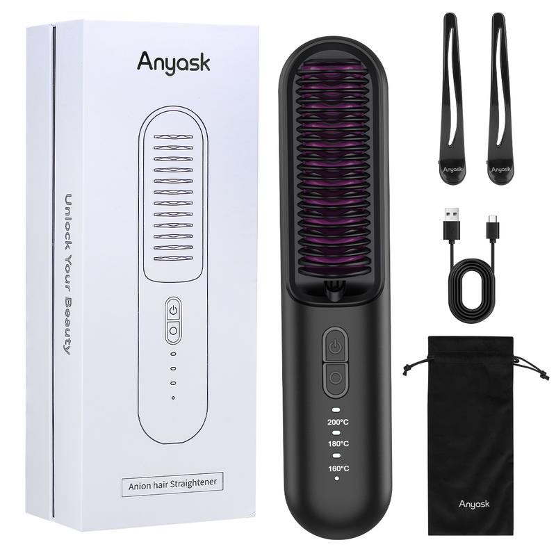 Anyask Cordless Hair Straightener Brush With Negative ions, 2+Get Free Ship, Travel Hair Straightening, Anti-Scald Design, BlackFriday Christmas Gifts