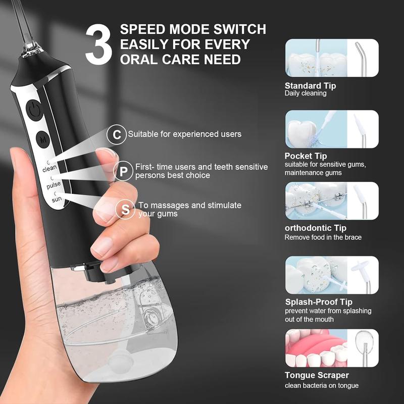 Oral Irrigator Portable Cordless Water Flosser Rechargable Teeth Cleaning Machine with 5 Replacable Nozzles Flossing Kit for Family Oral Health & Travel