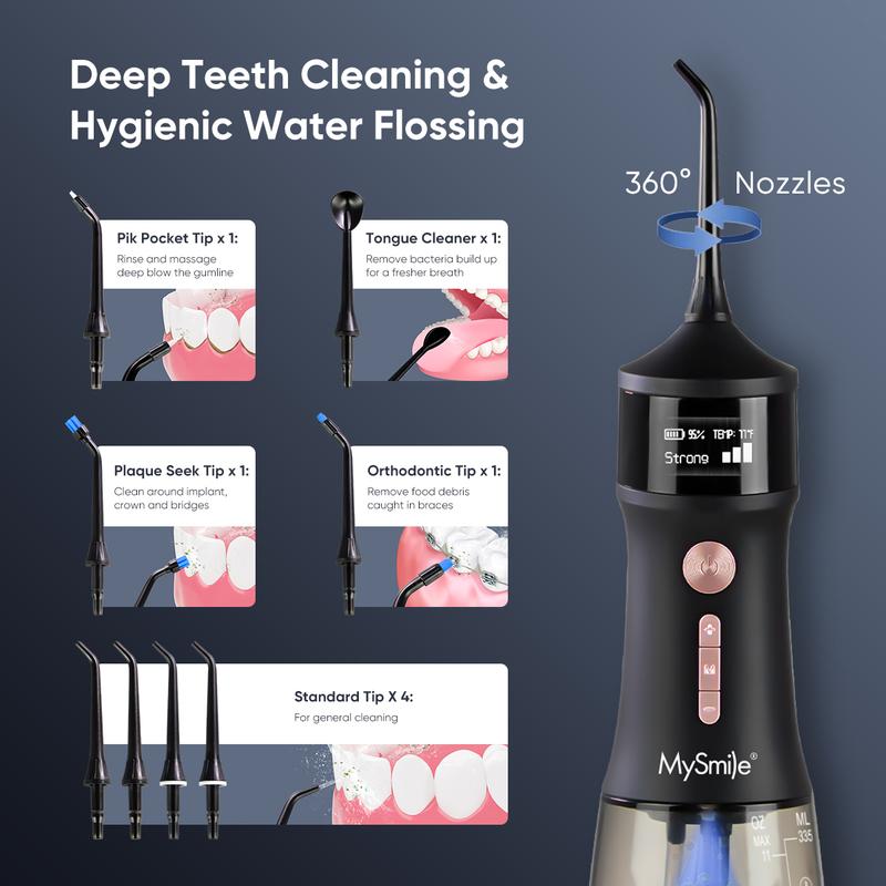 MySmile Cordless Advanced (LP221) UVC Light Water Flosser 335ML with OLED Display 4 Mode 8 Jet Tips Black Friday Christmas Shop Deal Oral Plug Storage