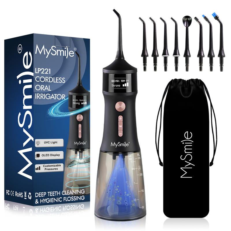 MySmile Cordless Advanced (LP221) UVC Light Water Flosser 335ML with OLED Display 4 Mode 8 Jet Tips Black Friday Christmas Shop Deal Oral Plug Storage