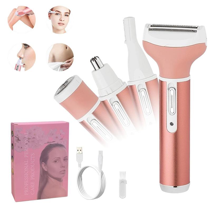 4 in 1 Electric Razor for Women, Summer Hair Trimmer Set, 4 in 1 Women's Shaver for Public Hair Wet & Dry Cordless Hair Remover for Eyebrow, Nose, Face, Legs, Underarms Portable Bikini Trimmer Rechargeable for Lady Hair Shaving