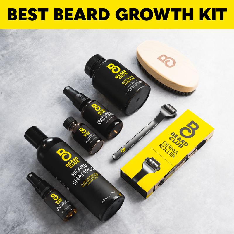 Advanced Beard Growth Kit - Beard Club - Derma Roller, Beard Growth Oil, Beard Growth Vitamins and Beard Growth Vitamin Spray, Beard Shampoo, Derma Cleansing Spray, and Beard Brush - Gift Set