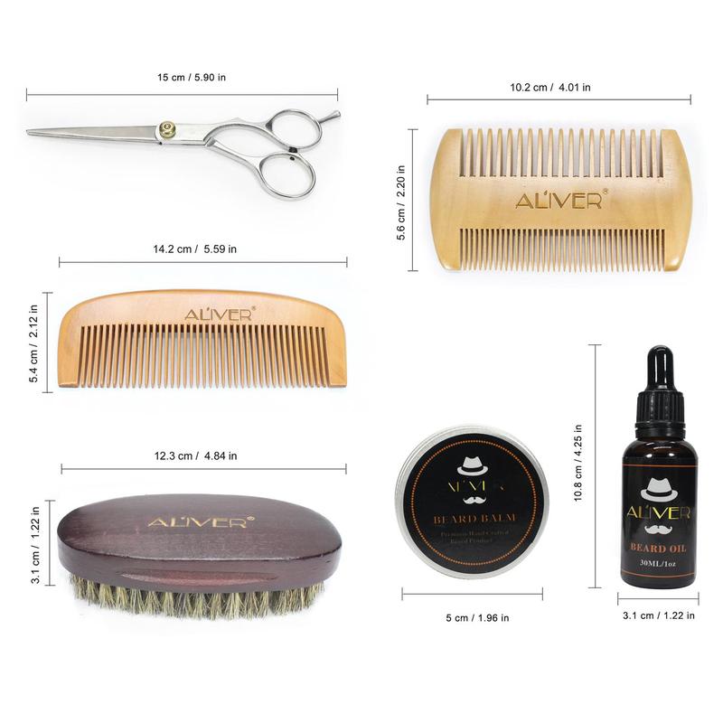 Men's Beard Care Set (7 Counts set), Beard Oil & Beard Cream & Scissors & Comb & Brush & Storage Bag & Leather Case, Beard Styling Tool Set