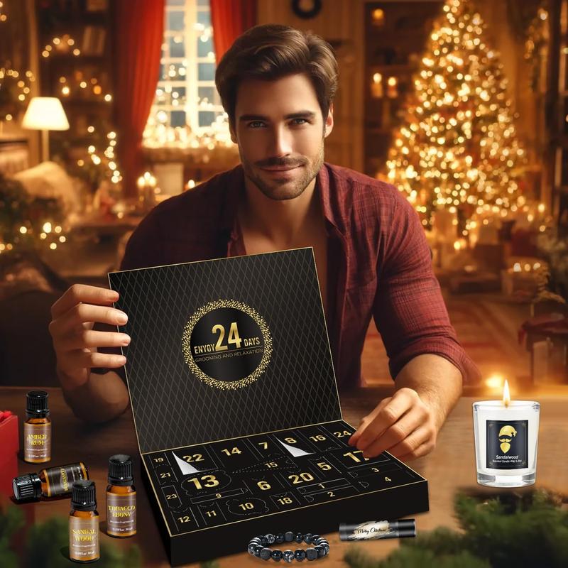 Men Advent Calendar 2024 Adult, 24 Countdown Calendar with Beard Grooming Kits, Scented Candle Men Fragrance Oil Surprise Gifts Husband Father Boyfriend