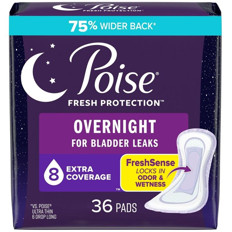 Poise Overnight Incontinence Pads for Women, 8 Drop Extra Coverage, 36 Count