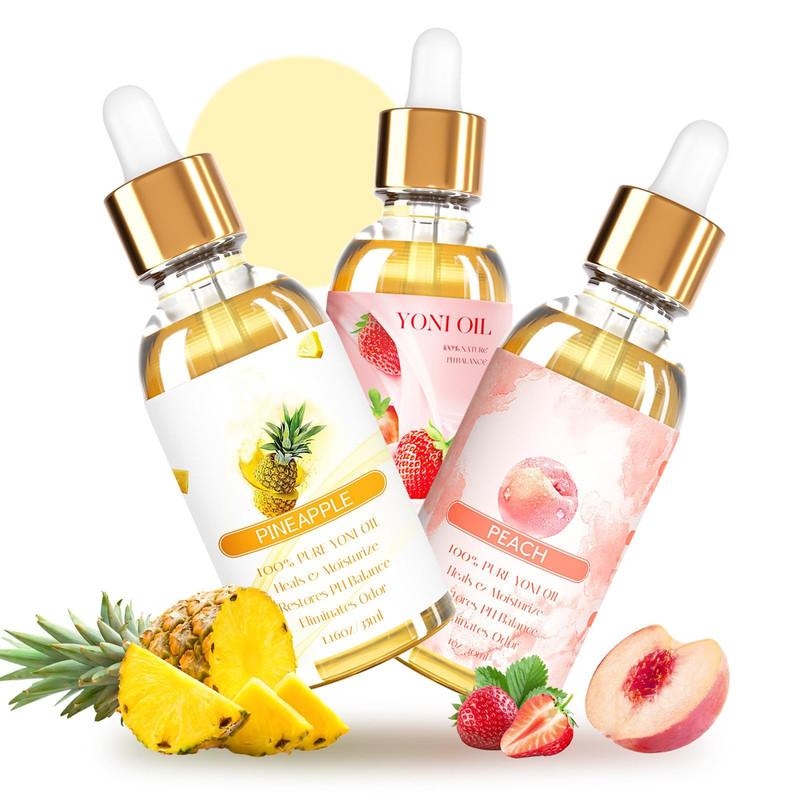 3PCS Organic Yoni Oil for Women - PH Balancing Feminine Essential Oil, Odor-Removing, Delightful Peach, Strawberry, & Pineapple Scents, All-Natural, 1 fl oz Each