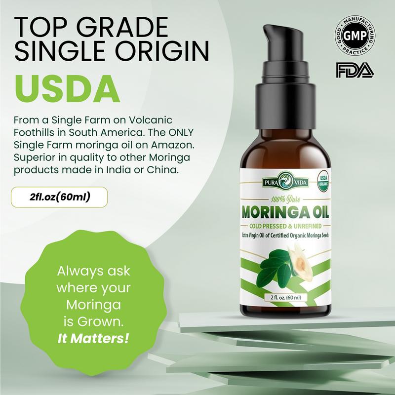 Pura Vida Moringa Oil Organic for Face, Hair, Nails and Dry Skin - USDA Certified Organic