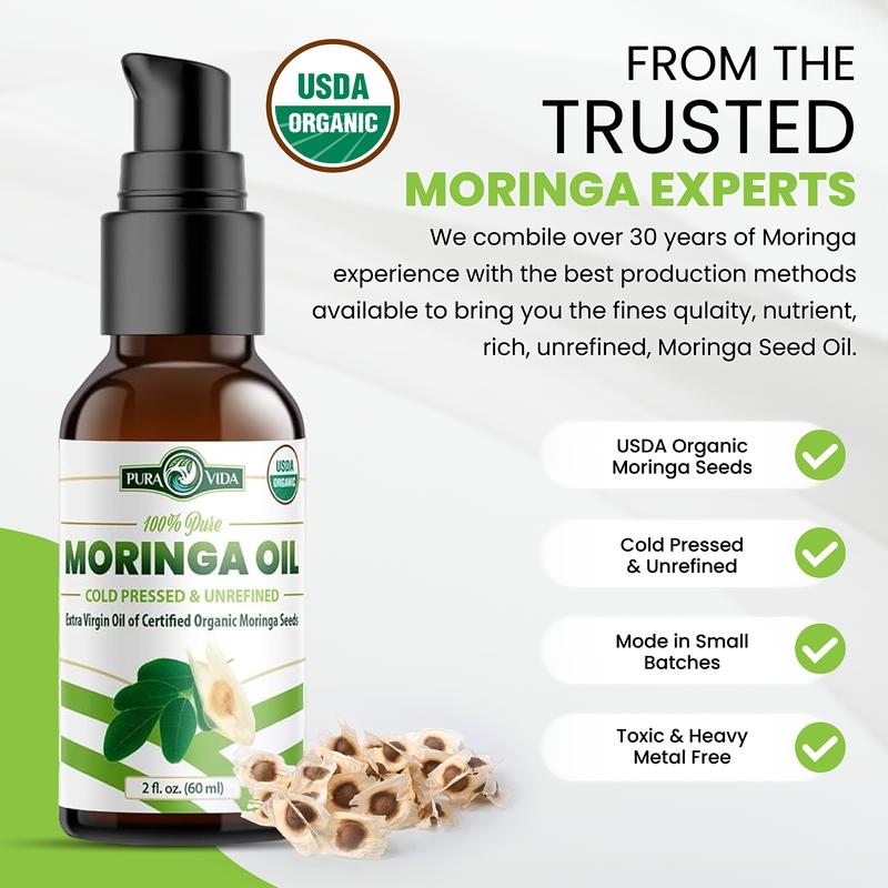 Pura Vida Moringa Oil Organic for Face, Hair, Nails and Dry Skin - USDA Certified Organic