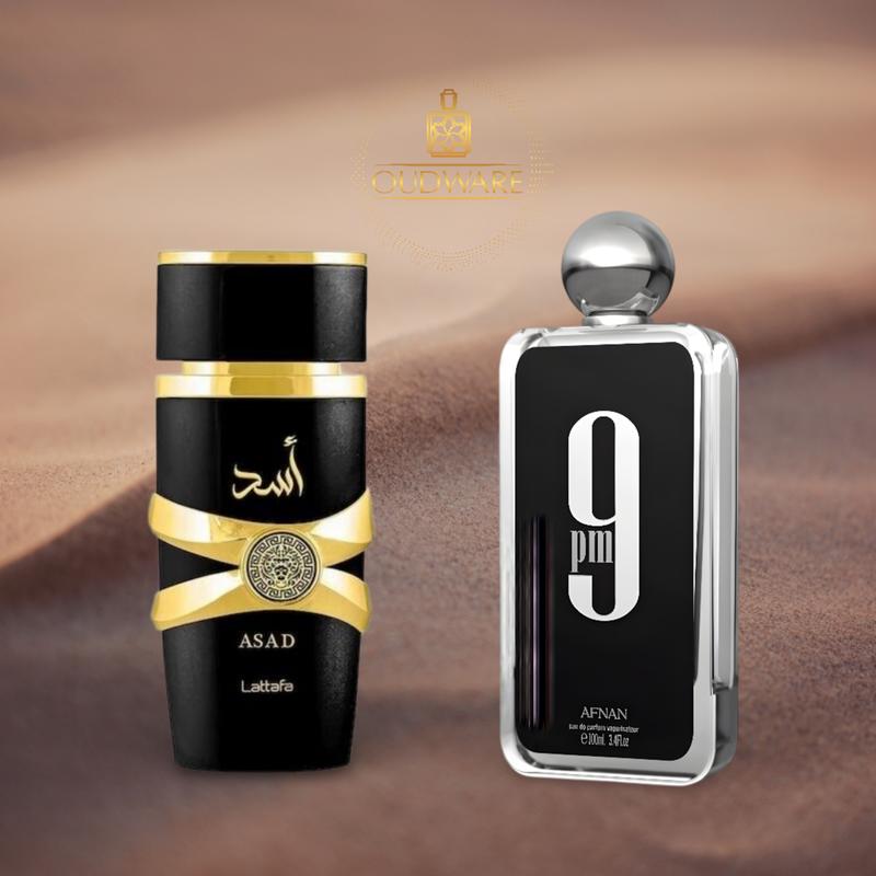 Afnan 9pm + Lattafa Perfumes Asad 100ml (3.4oz) For Men - Fragrance Value Bundle - Fragrance Gift Set For Men