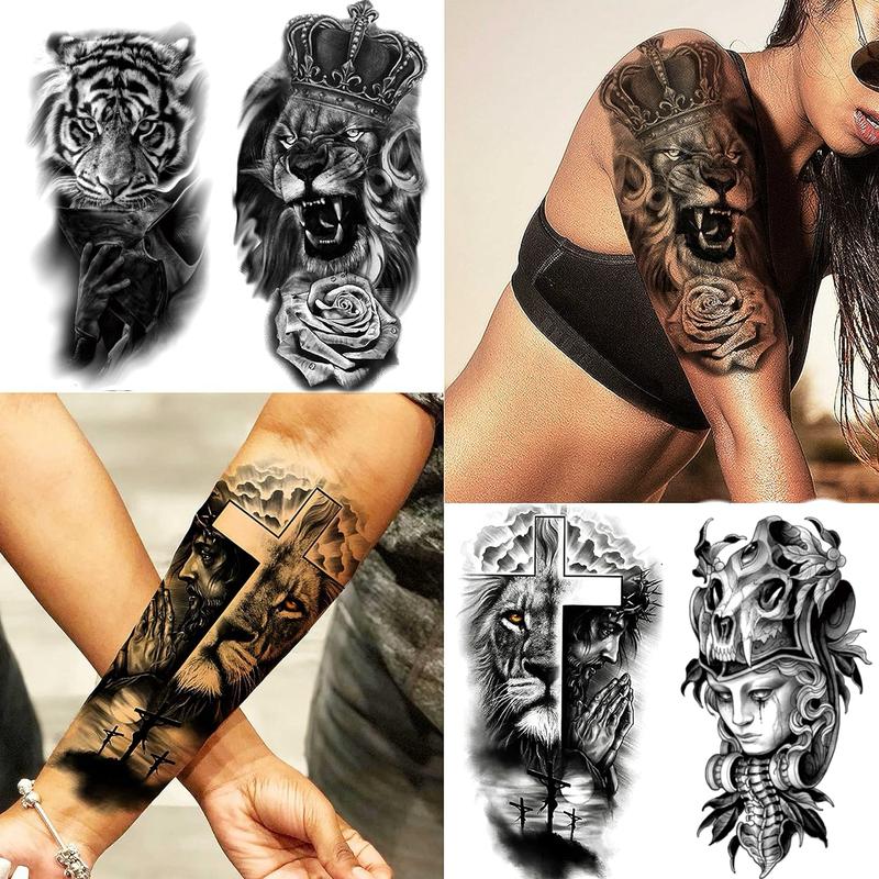 68 Sheets Large-Size Black Temporary Tattoos Stickers,Forearm Designs Featuring Tribal, Wolf, Tiger, Lion, Owl, Skeleton Skull, Temp Halloween Fake Tattoo Stickers, Rose, and Animals