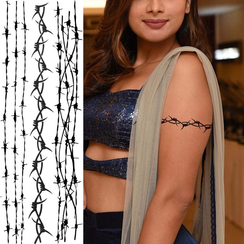 Barbed Wire Temporary Tattoo Sticker, 9 Counts Realistic Black Barb Wire Fake Tattoo Sticker, Body Art Decoration for Women & Men