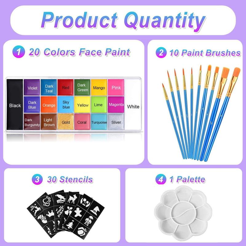 20 Colors Face Body Paint Set-Athena Painting Palette,10 Professional Artist Brush,Large Deep Pan Ideal for Halloween Cosplay Party SFX Arty Stage Makeup