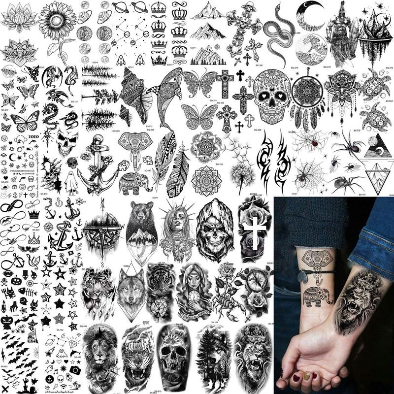 Tiger & Flower & Skull Pattern Temporary Tattoo Sticker, 67pcs Waterproof Fake Tattoo Decals, DIY Body Art Sticker for Women & Men