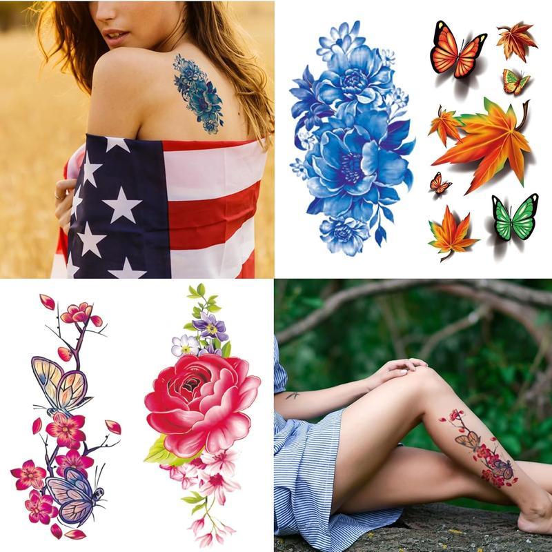 82 Sheets Flowers Temporary Tattoos Stickers, Roses, Butterflies and Multi-Colored Mixed StyleBody Art Temporary Tattoos for Women, Girls or Kids