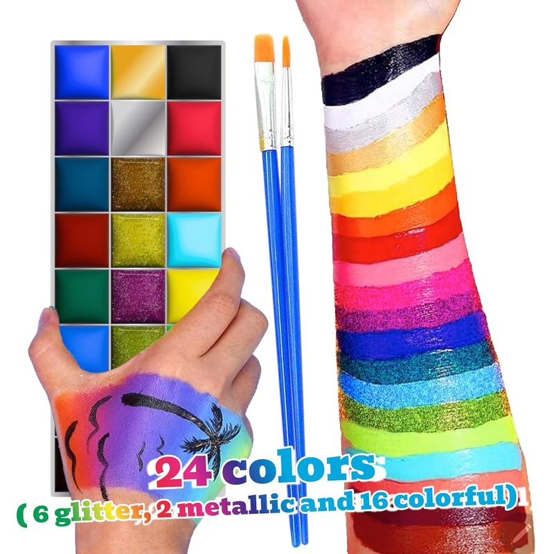 , 24 Color  and   Palette - Professional, Washable,  Makeup Palette,  painting kit with brush,  Glitter - Ideal for Party, Carnival, Halloween FX Art