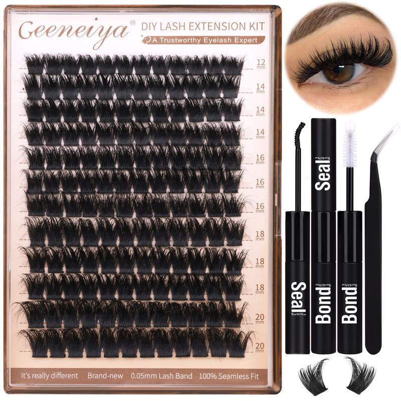 Geeneiya 200D Fluffy Lash Clusters Kit with Lash Bond and Seal, Tweezers for Beginner and Proficient (12-20mm)