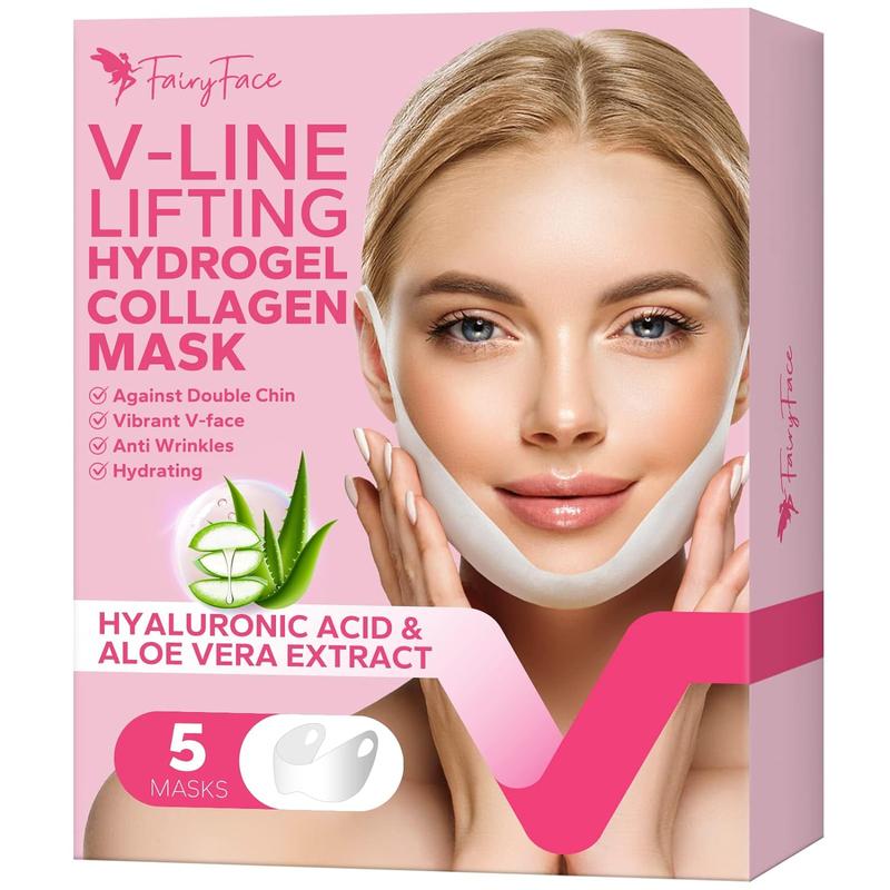 FairyFace V Line Lifting Mask, 5 Count  Chin Reducer, Lifting Hydrogel Collagen Mask with Aloe Vera and Seaweed, Hydrating and Anti-aging, Creating a V-shaped Face  of Vitality