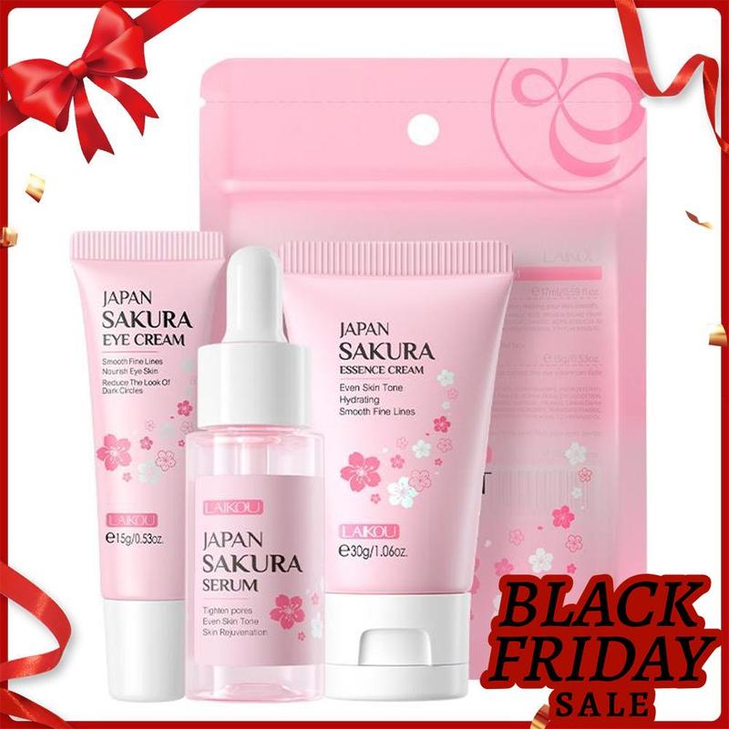 Sakura Facial Skincare Kit, 1 Count Moisturizing Sakura Essence & 1 Brightening Sakura Eye Cream & 1 Soothing Face Cream, Hydrating Skin Care Kit for Women, How To Be Pretty, Christmas Gift