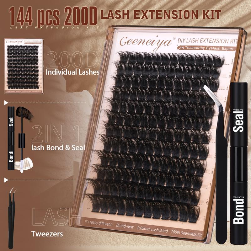 Geeneiya 200D Fluffy Lash Clusters Kit with Lash Bond and Seal, Tweezers for Beginner and Proficient (12-20mm)