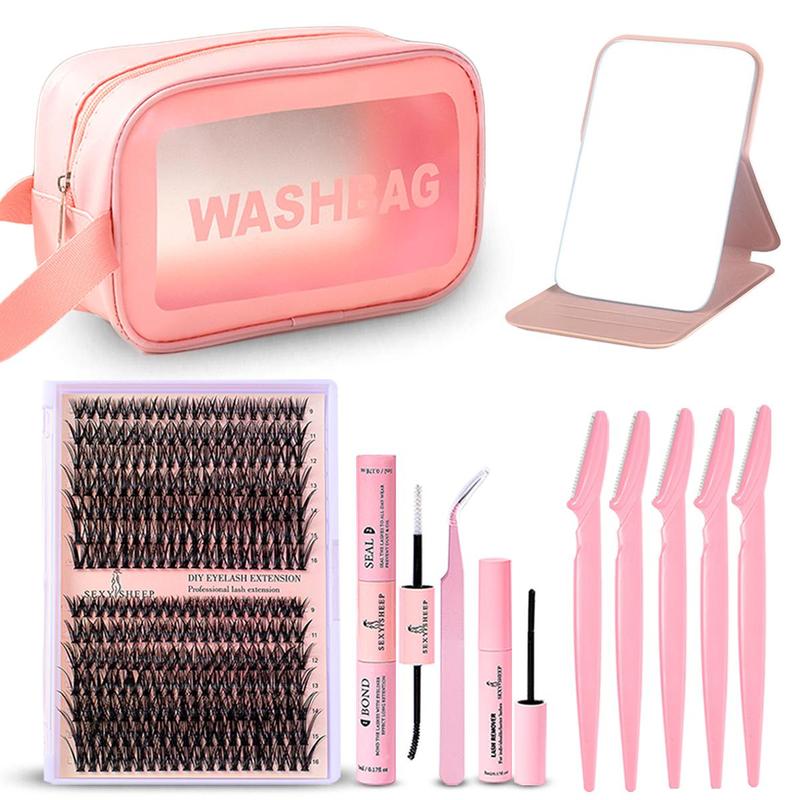 Eyelash Makeup Kit(11pcs set), Eyelash Cluster, Eyelash Bond & Seal, Tweezers, Eyebrow Trimmers, Cosmetic Bag & Adjustable Mirror, Eye Makeup Tools