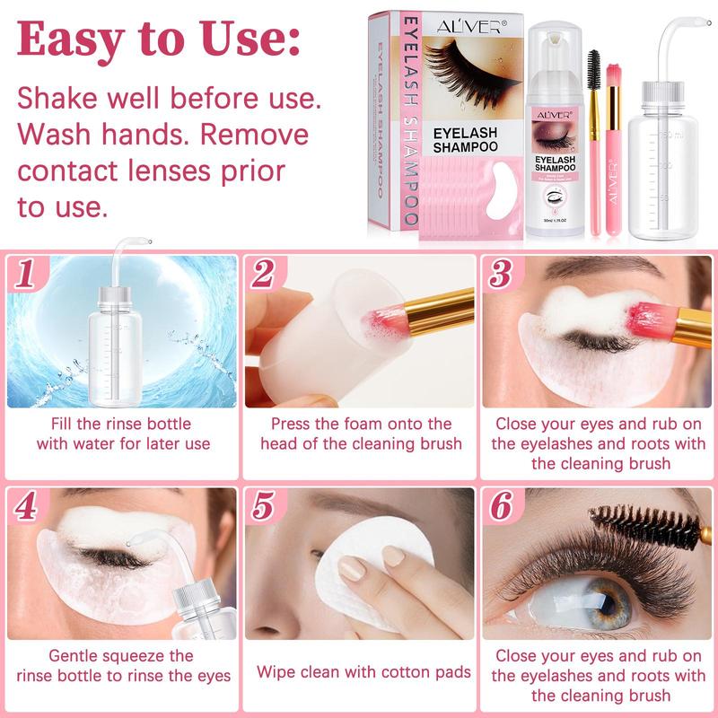 Eyelash Shampoo Foam Set, 1 Set Foam Lash Cleanser & Rinse Bottle & Eyelash Brush & Cleansing Brush & Eyelash Gel Pads, Gentle Eye Makeup Remover for Women