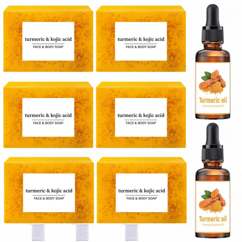 Turmeric Kojic Acid Brightening Soap & Turmeric Essential Oil Set, 4 Counts set Moisturizing Skincare Set for Face & Body Wash for Women & Men, Christmas Gift