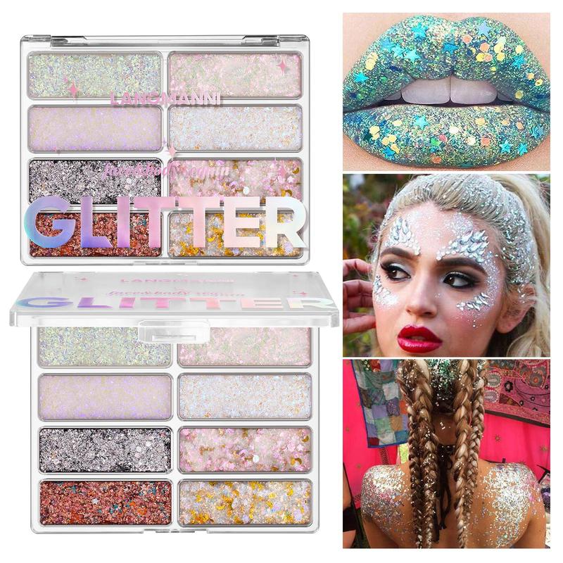 8 Color Body Glitter Palette, 2 Boxes Multi Purpose Makeup Festival Shiny Gel Sequins Palette, Shimmering Facial Makeup Products for Music Party