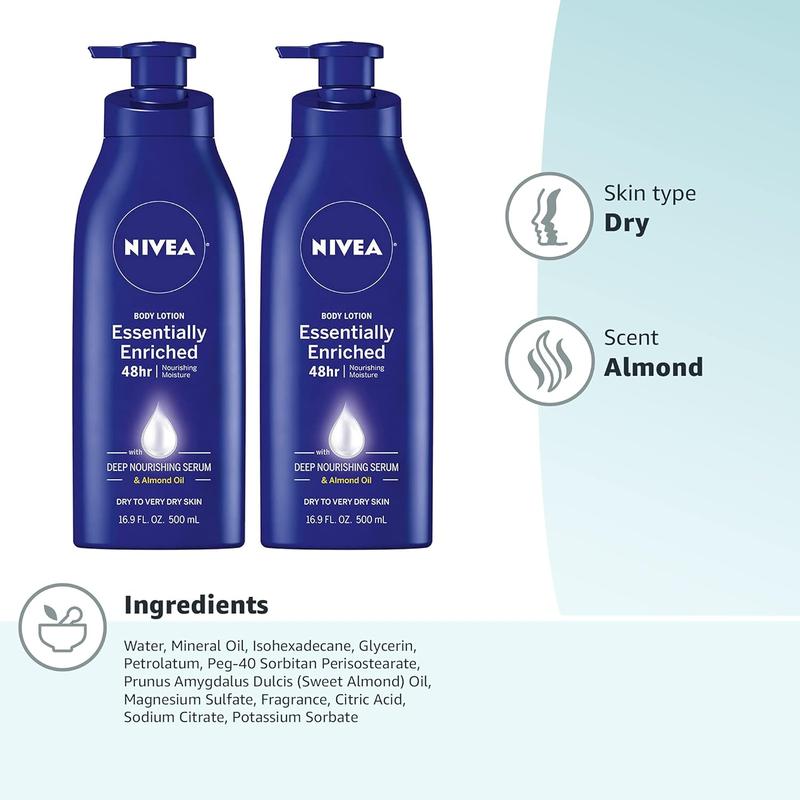 NIVEA Essentially Enriched Body Lotion for Dry Skin, Pack of 2, 16.9 Fl Oz Pump Bottles (2 pack) Body Care Moisture Serum Daily