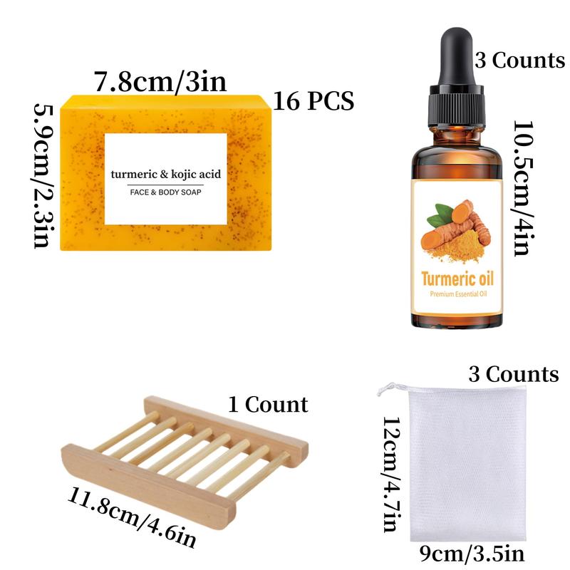 Turmeric Skincare Set, 1 Set Turmeric Kojic Acid Soap & Turmeric Oil & Soap Dish & Soap Bag, Body Care for Women & Men