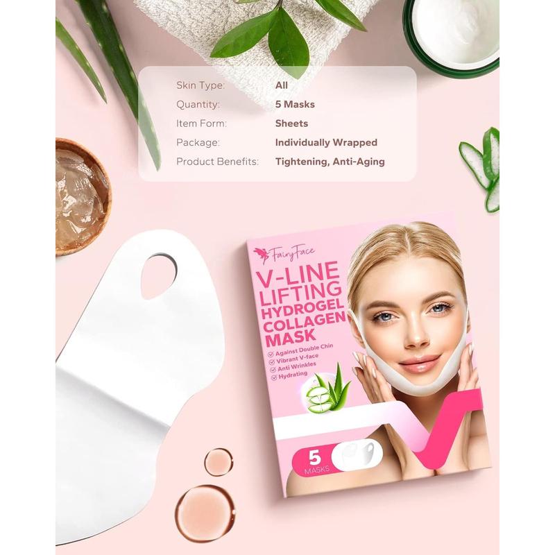 FairyFace V Line Lifting Mask, 5 Count  Chin Reducer, Lifting Hydrogel Collagen Mask with Aloe Vera and Seaweed, Hydrating and Anti-aging, Creating a V-shaped Face  of Vitality