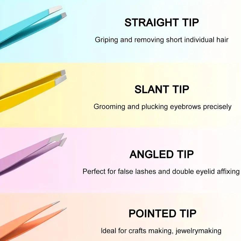 Slant Tip Eyebrow Tweezer (4pcs set), Precision Hair Removal Tool for Eyebrows and Facial Hair, Professional Makeup Tools for Women