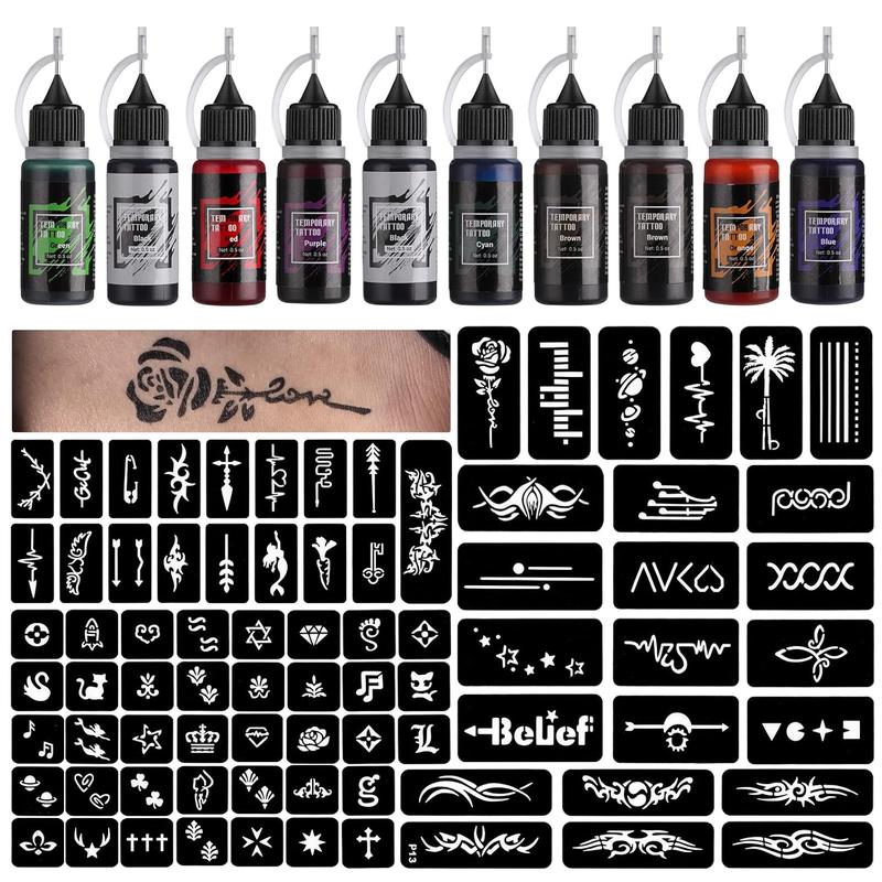 Temporary Tattoo Kit 10 Bottles Color Inks, 84 Pcs Stencils Kit for Body Paint DIY Tattoos Temp, DIY Fake Tattoo for Women Kids (all colors)