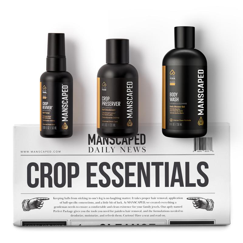 MANSCAPED® Crop Essentials, Male Care Hygiene Bundle, Includes Refined® Body Wash, Crop Preserver® Moisturizing Ball Deodorant, Crop Reviver® Toner and Disposable Shaving Magic Mat®